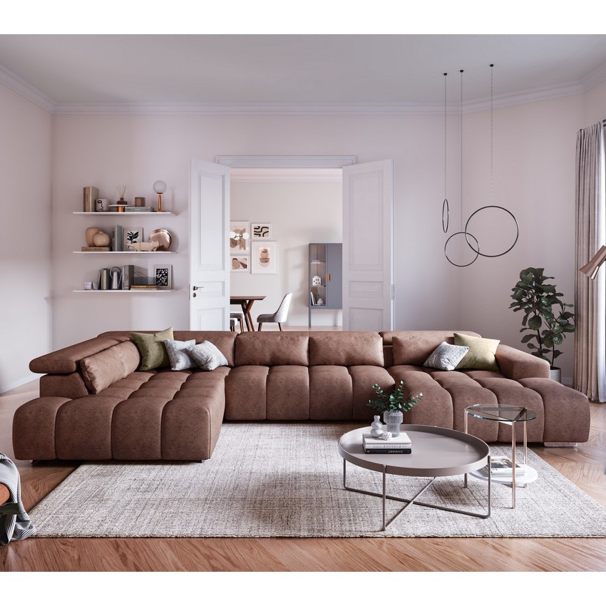 Kampinė minkšta sofa su galvos atramomis U formos TROPEA kairė, ruda