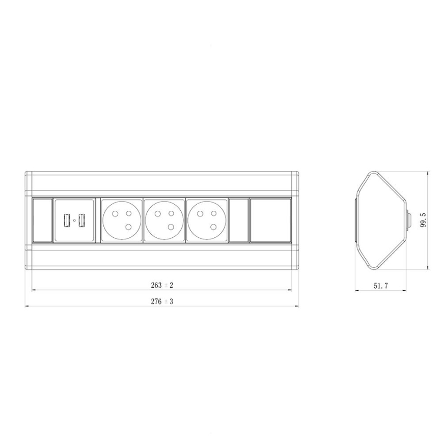 Kampinio lizdo bėgelis 3x 230V + USB-A 3,1A + USB-C 15,5W 230V