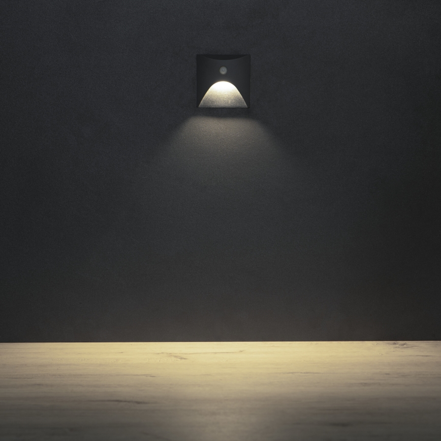 LED laiptų šviestuvas su judesio ir sutemų jutikliu EXIN LED/2,5W/230V 4000K IP65 kvadratinis antracito spalvos