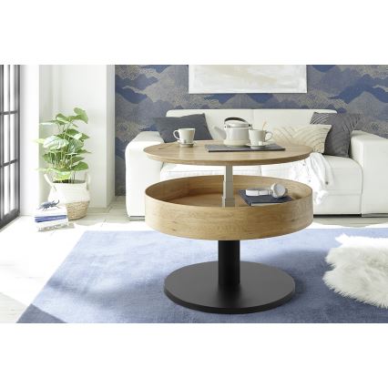Kavos staliukas ELEMENT su pakeliama stalviršio plokšte, skersmuo 75 cm, ąžuolas/juoda