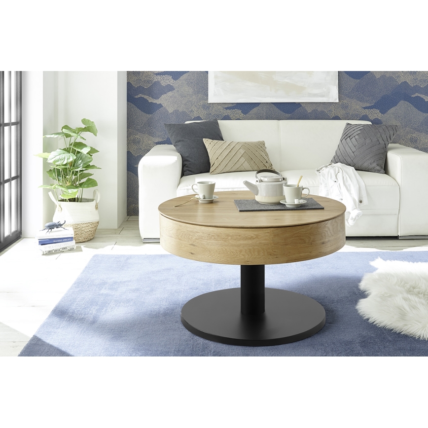 Kavos staliukas ELEMENT su pakeliama stalviršio plokšte, skersmuo 75 cm, ąžuolas/juoda