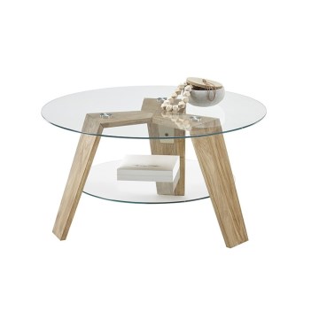 Kavos staliukas TITAN, skersmuo 75 cm, skaidrus/ąžuolas