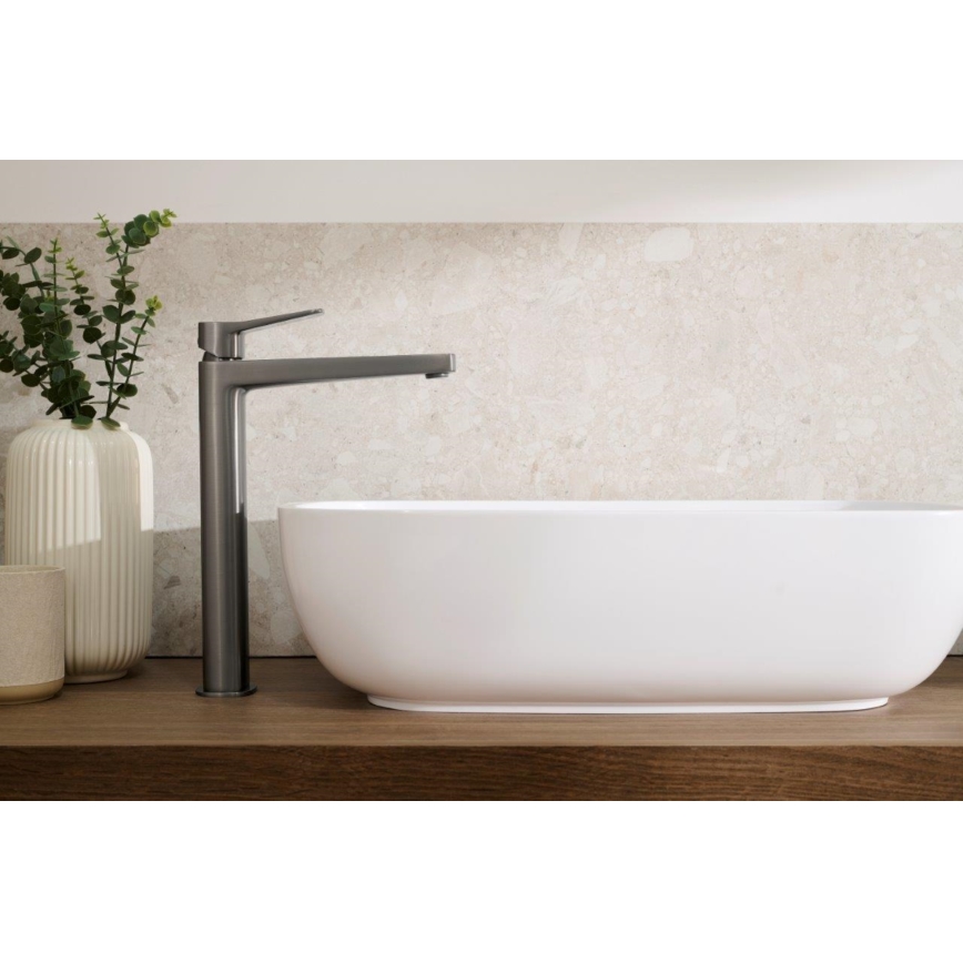 KFA Armatura 4522-712-61 - praustuvo maišytuvas su MALAGA 30,3 cm išleidimo vožtuvu, metalinės pilkos spalvos