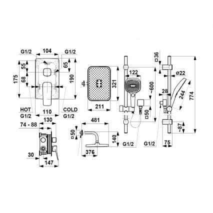 KFA Armatura 4529-301-31 - Dušo komplektas su potinkiniu maišytuvu MALAGA, šepetėliu šlifuotos aukso spalvos