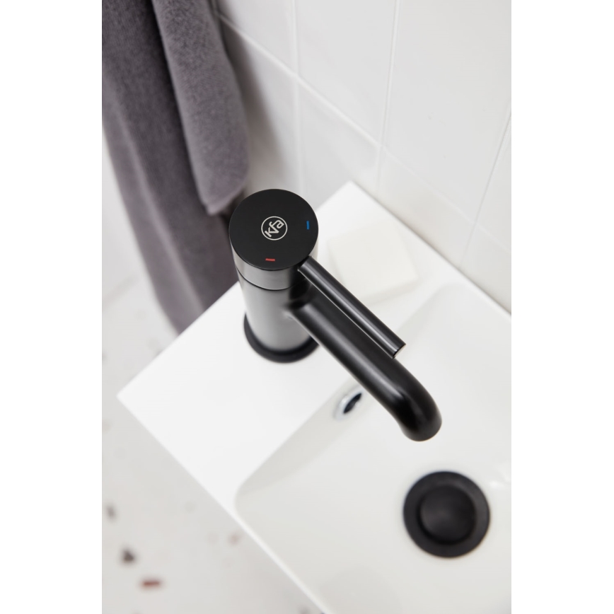 KFA Armatura 5032-815-81 - Praustuvo čiaupas + kriauklės nuotekų sistema su pertekliumi MOZA 15,2 cm matinė juoda