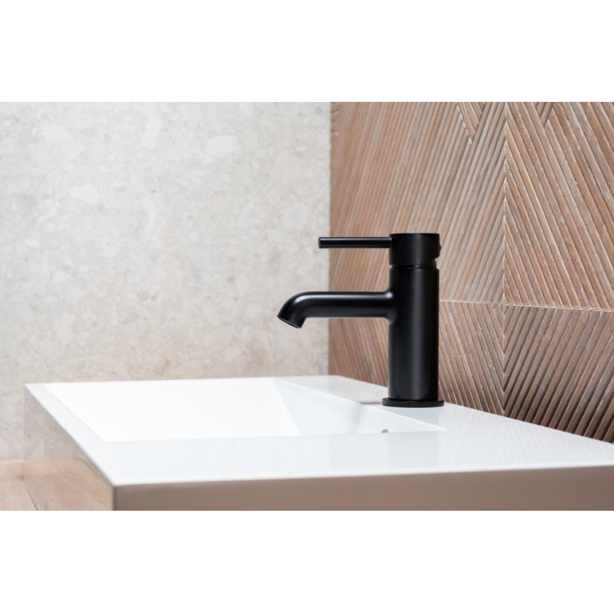 KFA Armatura 5032-815-81 - Praustuvo čiaupas + kriauklės nuotekų sistema su pertekliumi MOZA 15,2 cm matinė juoda
