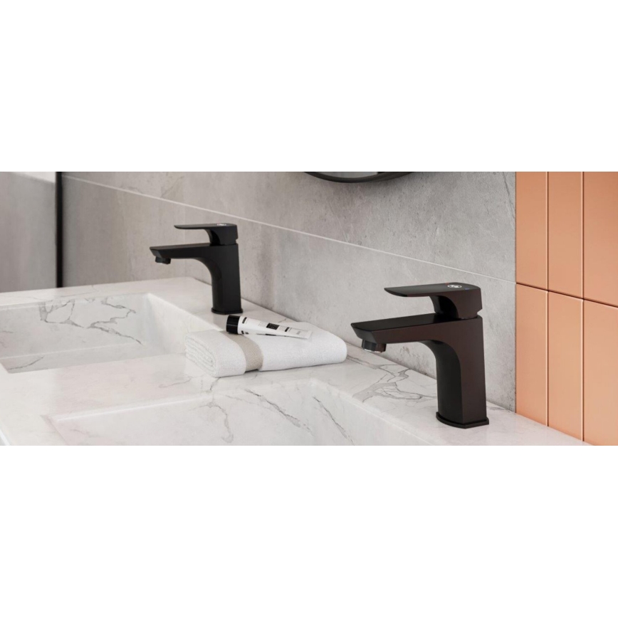 KFA Armatura 5532-815-81 - Praustuvo čiaupas + kriauklės nuotekų sistema su pertekliumi MOKAIT 13,9 cm žalvaris/matinė juoda