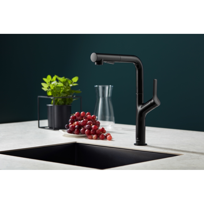KFA Armatura 6623-220-81 - Kriauklės čiaupas su ištraukiamu purkštuvu DUERO DESIGN nerūdijantis/matinė juoda