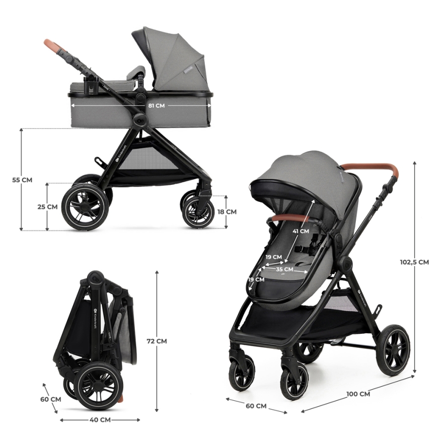 KINDERKRAFT - Kombinuotas vežimėlis 3in1 ESME Moonlight pilka + automobilio sėdynė MINK PRO