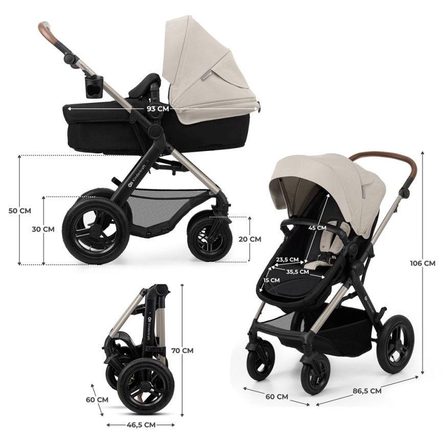 KINDERKRAFT - Kombinuotas vežimėlis 3in1 MOOV 2 AIR Moonlight pilka + automobilio sėdynė MINK PRO