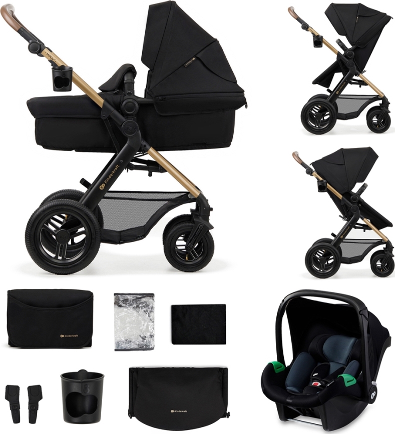 KINDERKRAFT - Kombinuotas vežimėlis 3in1 MOOV 2 AIR Pure juoda + automobilio sėdynė MINK PRO