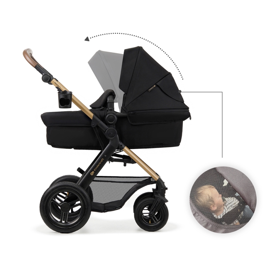 KINDERKRAFT - Kombinuotas vežimėlis 3in1 MOOV 2 AIR Pure juoda + automobilio sėdynė MINK PRO