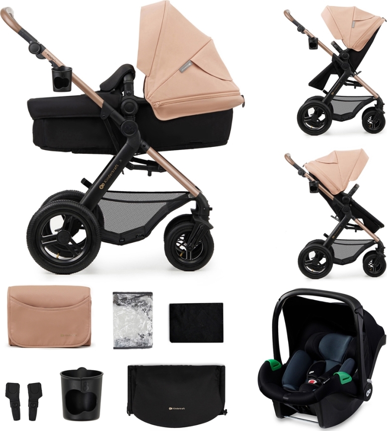 KINDERKRAFT - Kombinuotas vežimėlis 3in1 MOOV 2 AIR Sand smėlio spalva + automobilio sėdynė MINK PRO