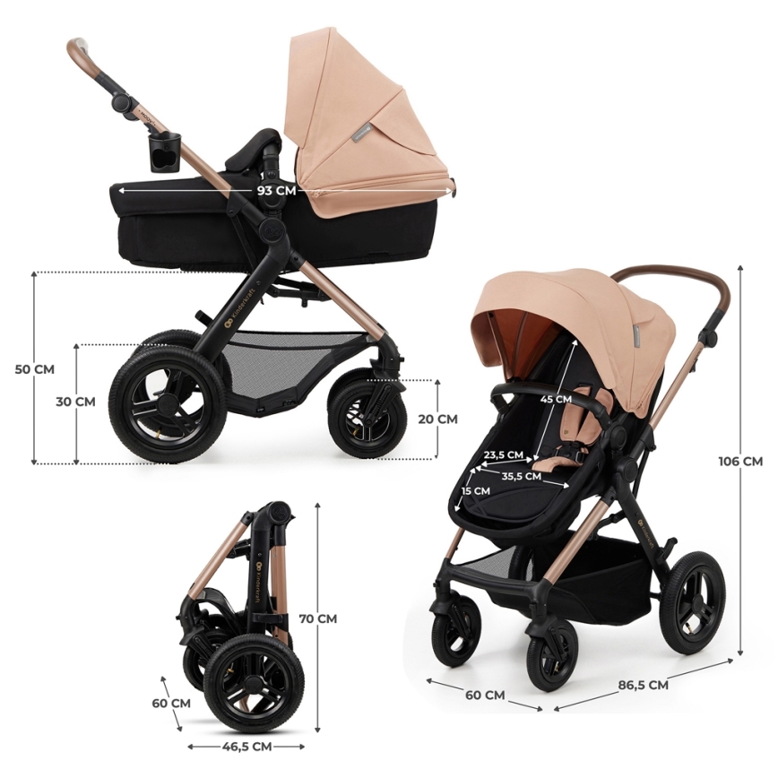 KINDERKRAFT - Kombinuotas vežimėlis 3in1 MOOV 2 AIR Sand smėlio spalva + automobilio sėdynė MINK PRO