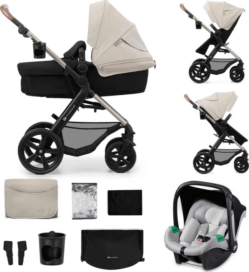 KINDERKRAFT - Kombinuotas vežimėlis 3in1 MOOV 2 Moonlight pilka + automobilio sėdynė MINK PRO