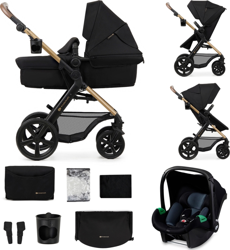 KINDERKRAFT - Kombinuotas vežimėlis 3in1 MOOV 2 Pure juoda + automobilio sėdynė MINK PRO
