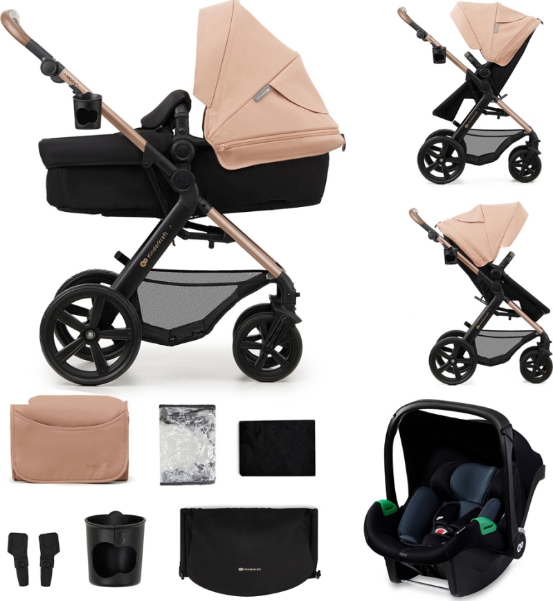 KINDERKRAFT - Kombinuotas vežimėlis 3in1 MOOV 2 Sand smėlio spalva + automobilio sėdynė MINK PRO