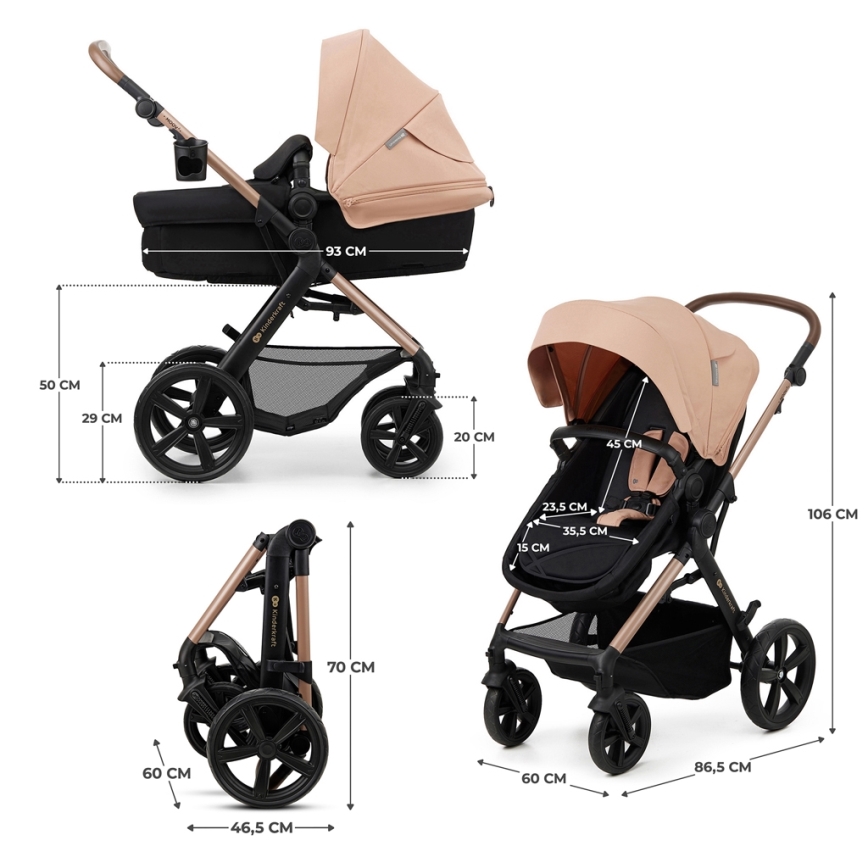 KINDERKRAFT - Kombinuotas vežimėlis 3in1 MOOV 2 Sand smėlio spalva + automobilio sėdynė MINK PRO