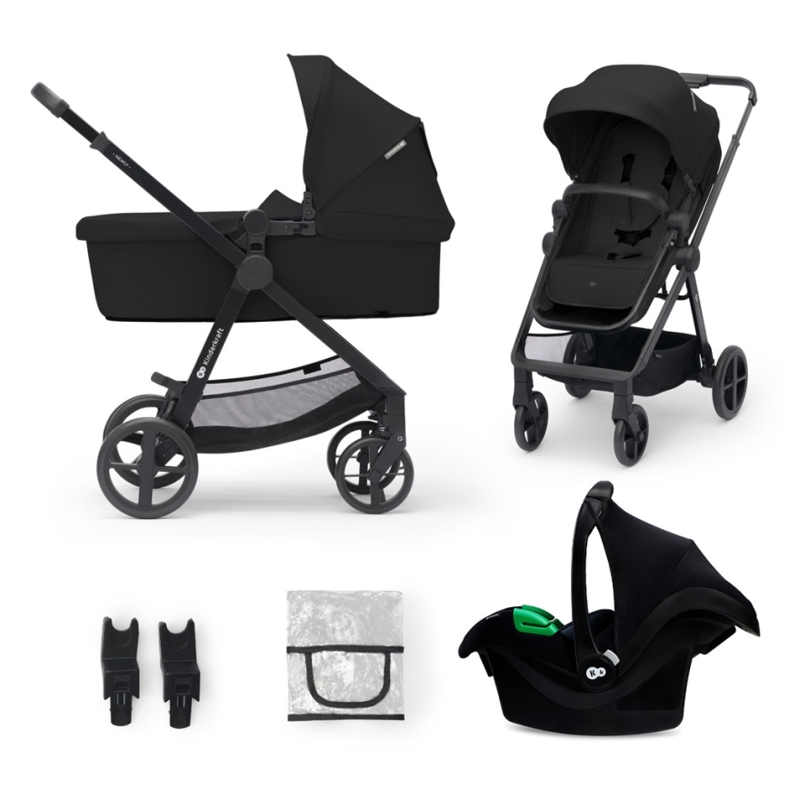 KINDERKRAFT - Kombinuotas vežimėlis 3in1 NEWLY Klasikinis juoda  + automobilio sėdynė MINK PRO