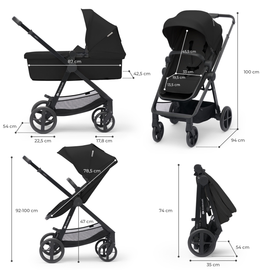 KINDERKRAFT - Kombinuotas vežimėlis 3in1 NEWLY Klasikinis juoda  + automobilio sėdynė MINK PRO