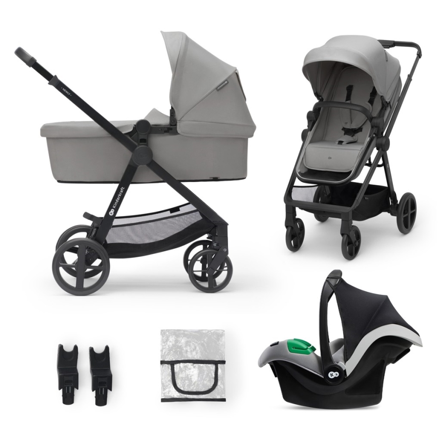 KINDERKRAFT - Kombinuotas vežimėlis 3in1 NEWLY Moonlight pilka  + automobilio sėdynė MINK PRO