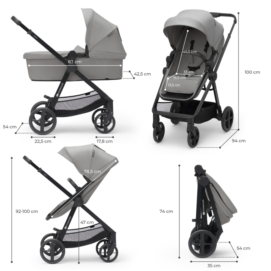 KINDERKRAFT - Kombinuotas vežimėlis 3in1 NEWLY Moonlight pilka  + automobilio sėdynė MINK PRO