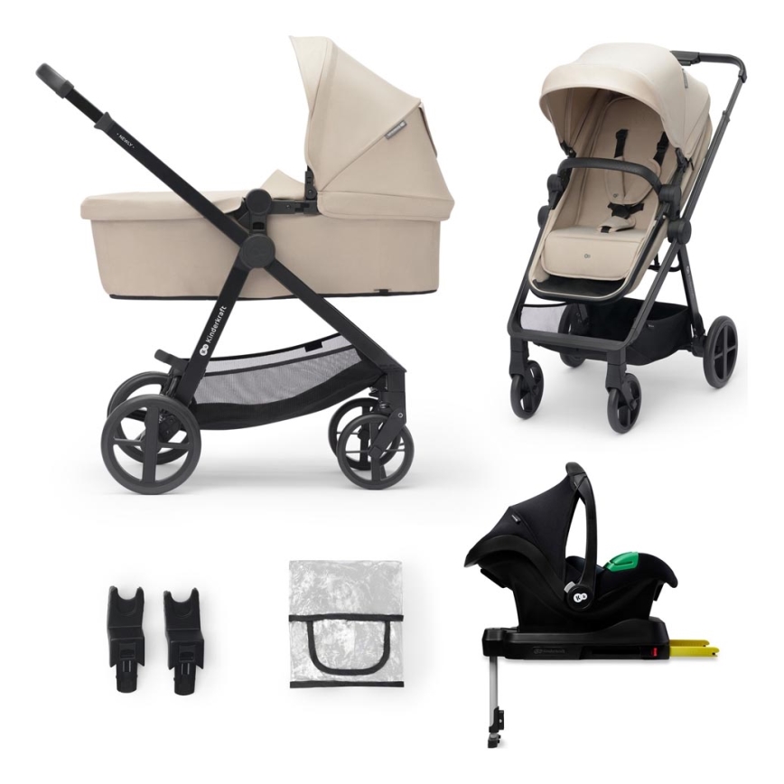 KINDERKRAFT - Kombinuotas vežimėlis 4in1 NEWLY Klasikinis smėlio spalva + automobilio sėdynė MINK PRO su baze ISOFIX
