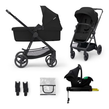 KINDERKRAFT - Kombinuotas vežimėlis 4v1 NEWLY Klasikinis juoda + automobilio sėdynė MINK PRO su baze ISOFIX