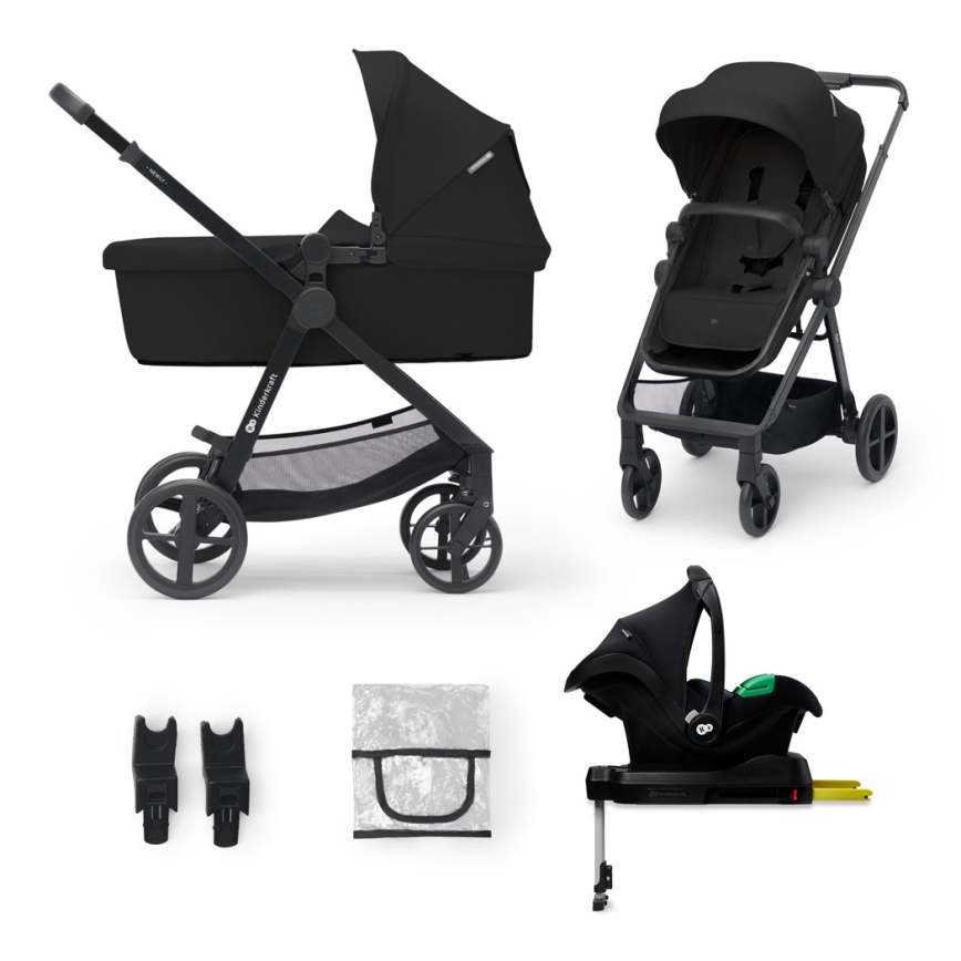 KINDERKRAFT - Kombinuotas vežimėlis 4v1 NEWLY Klasikinis juoda + automobilio sėdynė MINK PRO su baze ISOFIX