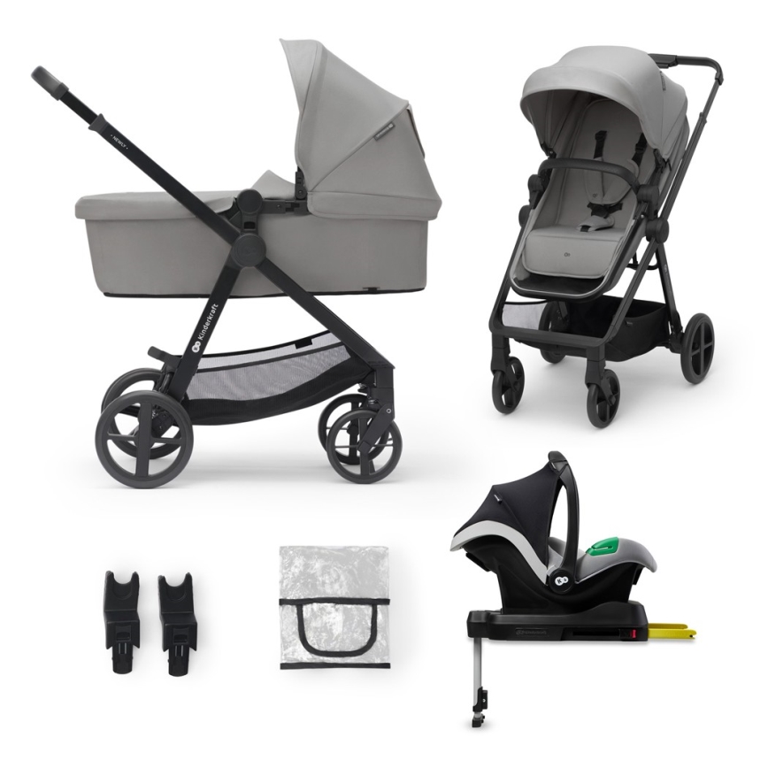KINDERKRAFT - Kombinuotas vežimėlis 4v1 NEWLY Klasikinis pilka + automobilio sėdynė MINK PRO su baze ISOFIX