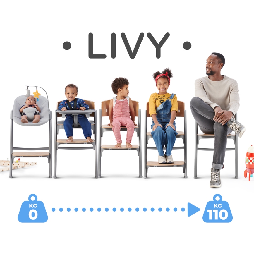 KINDERKRAFT SELECT - Vaikiška valgomojo kėdė 3in1 LIVY Premium ąžuolas + gultukas CALMEE