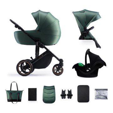 KINDERKRAFT SELECT - Kombinuotas vežimėlis 3in1 PRIME 2 Premium Dark žalia + automobilio sėdynė