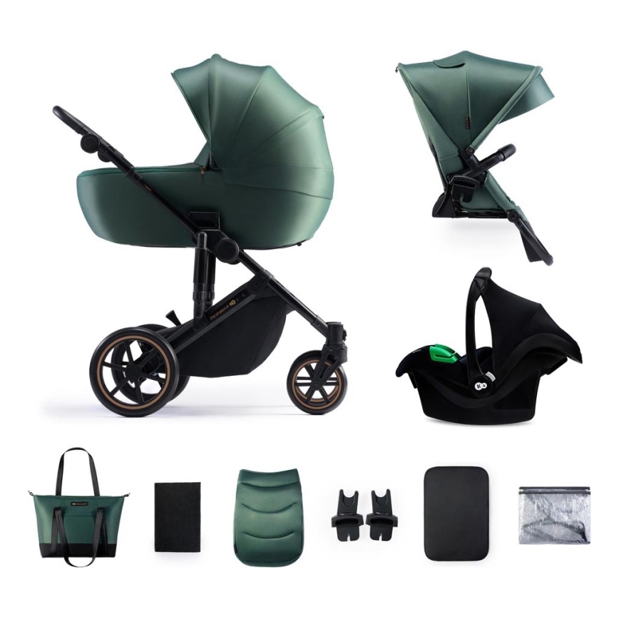 KINDERKRAFT SELECT - Kombinuotas vežimėlis 3in1 PRIME 2 Premium Dark žalia + automobilio sėdynė
