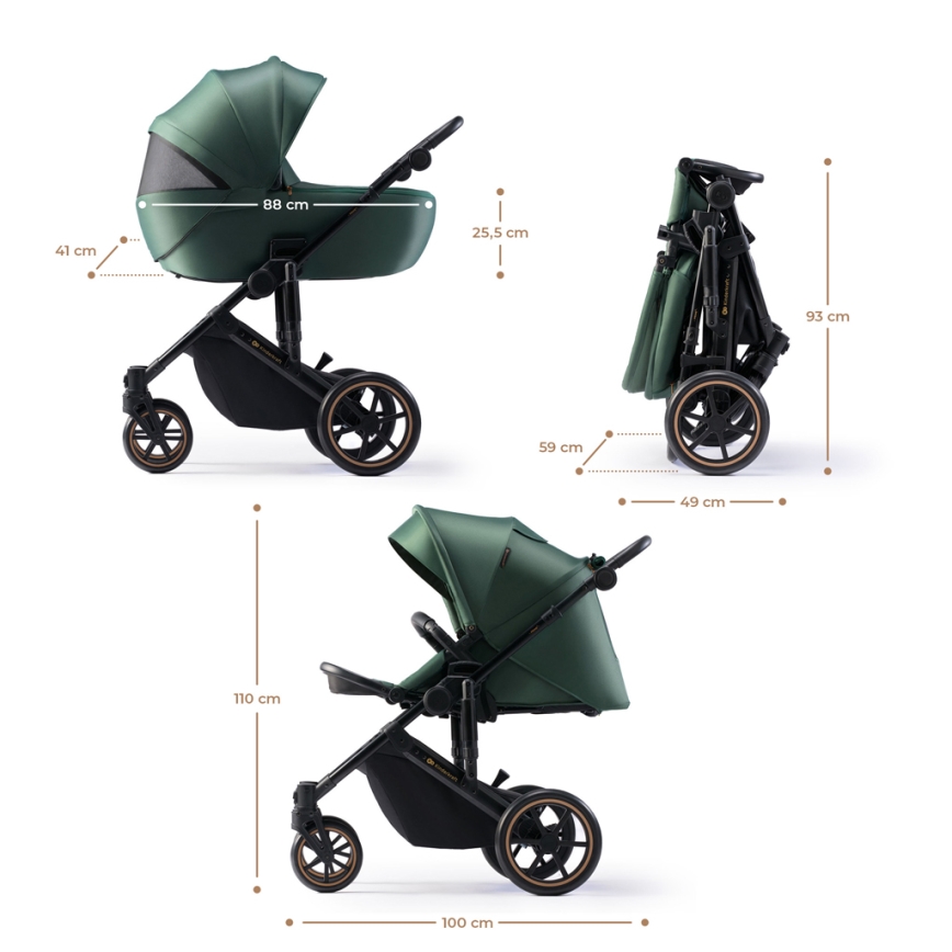 KINDERKRAFT SELECT - Kombinuotas vežimėlis 3in1 PRIME 2 Premium Dark žalia + automobilio sėdynė