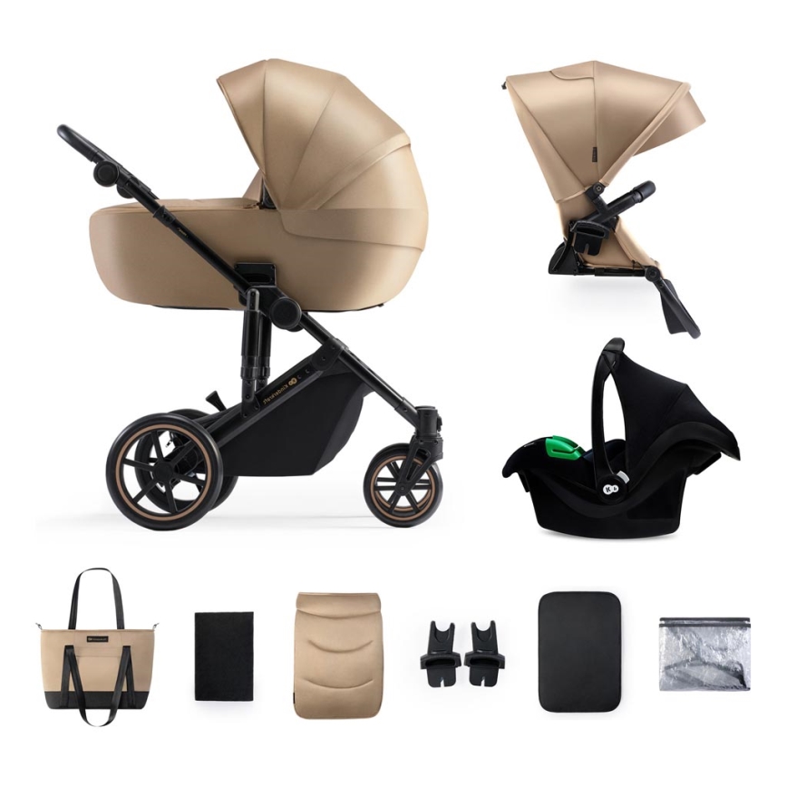 KINDERKRAFT SELECT - Kombinuotas vežimėlis 3in1 PRIME 2 Premium Sandrose smėlio spalva + automobilio sėdynė