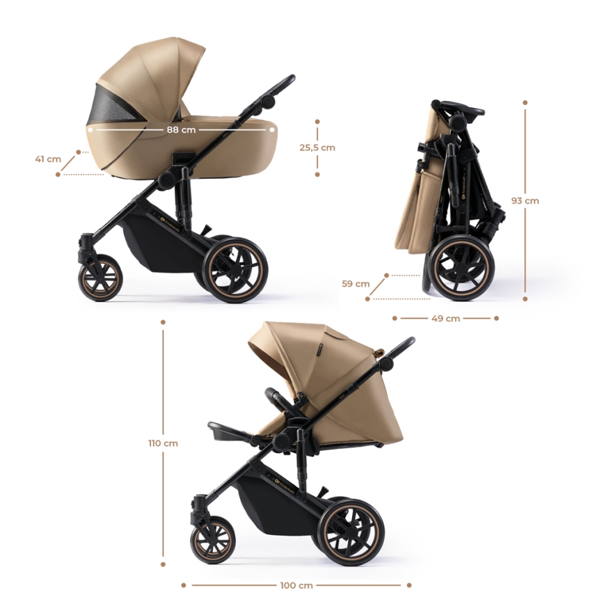 KINDERKRAFT SELECT - Kombinuotas vežimėlis 3in1 PRIME 2 Premium Sandrose smėlio spalva + automobilio sėdynė