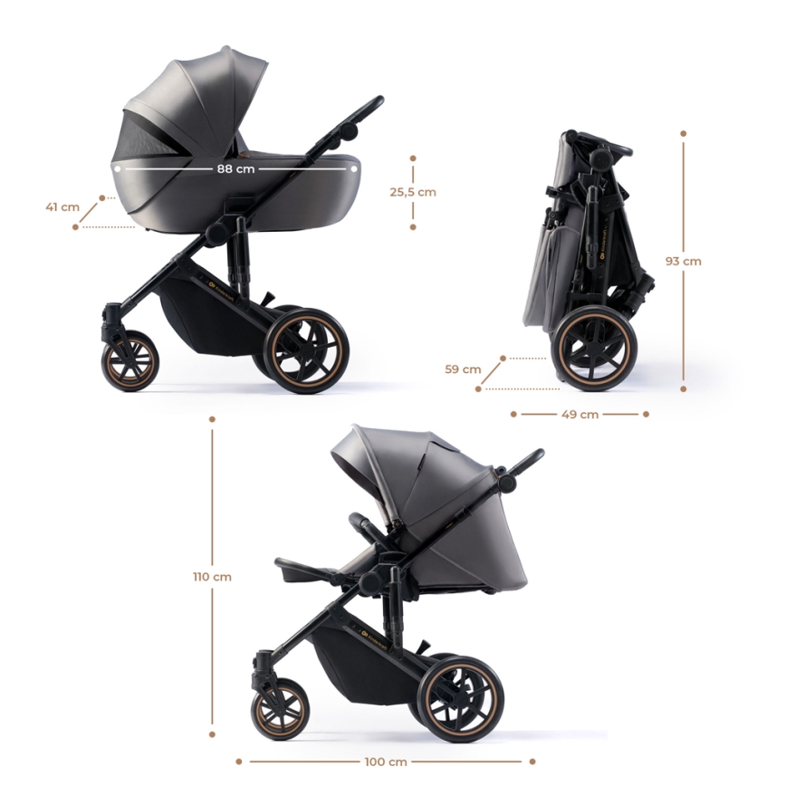 KINDERKRAFT SELECT - Kombinuotas vežimėlis 3in1 PRIME 2 Premium Shadow pilka + automobilio sėdynė