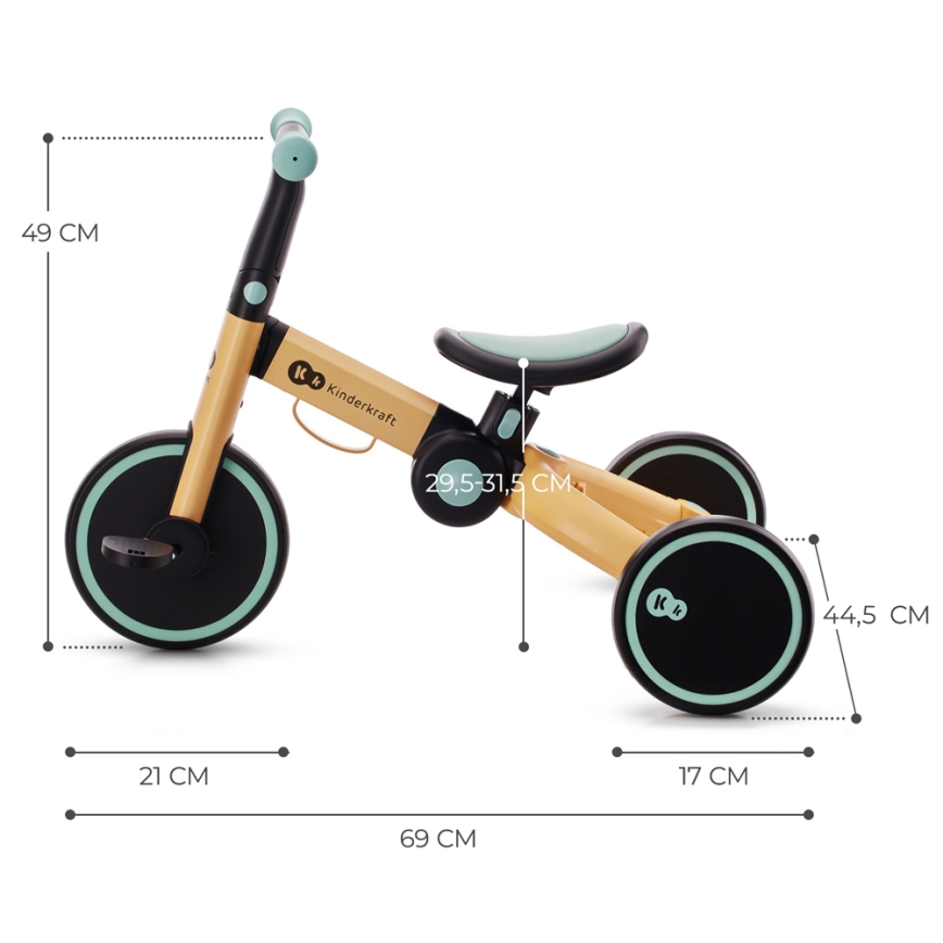 KINDERKRAFT - Vaikiškas stumiamas dviratis 3in1 4TRIKE geltona/Mėtinė
