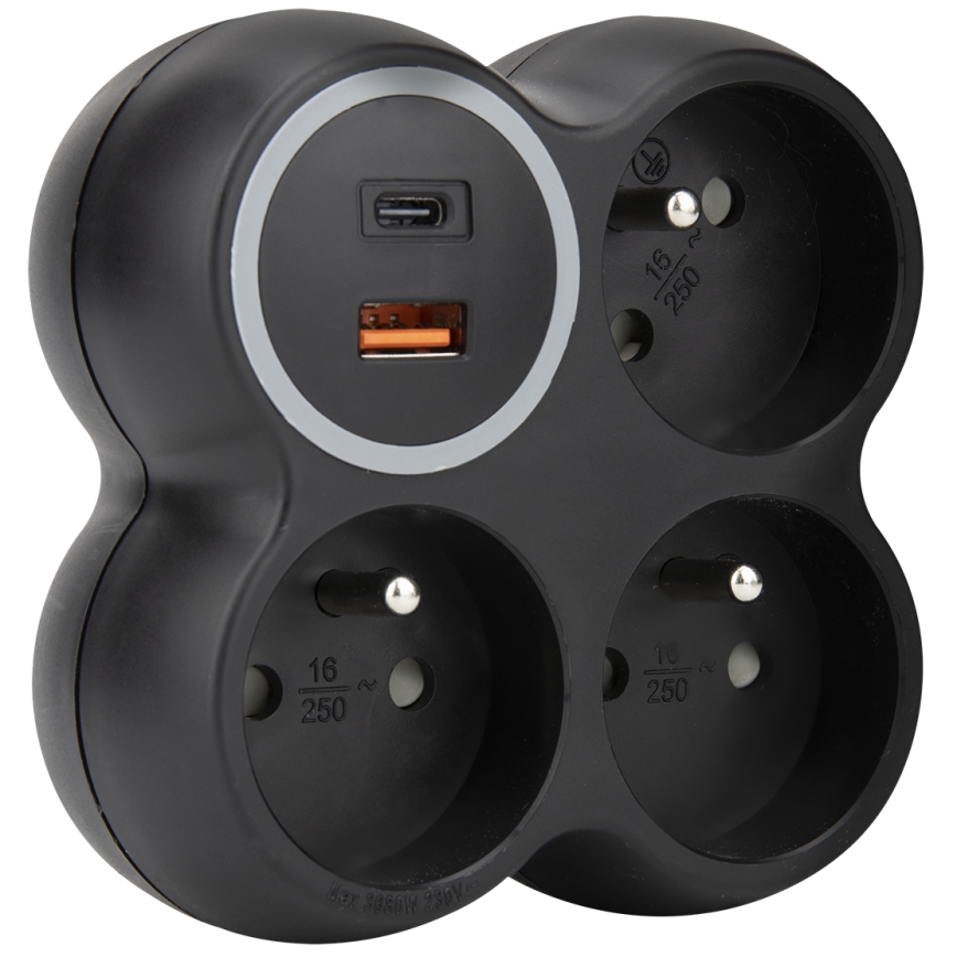 Kištukinė juosta 3x 15A USB A+C juoda