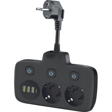 Kištukinio lizdo skirstytuvas su jungikliu LINEA 2x230V + 4xUSB A/C SCHUKO juoda