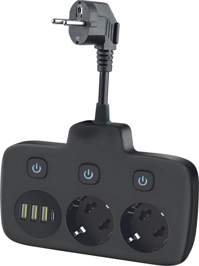 Kištukinio lizdo skirstytuvas su jungikliu LINEA 2x230V + 4xUSB A/C SCHUKO juoda