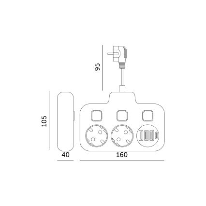 Kištukinio lizdo skirstytuvas su jungikliu LINEA 2x230V + 4xUSB A/C SCHUKO juoda