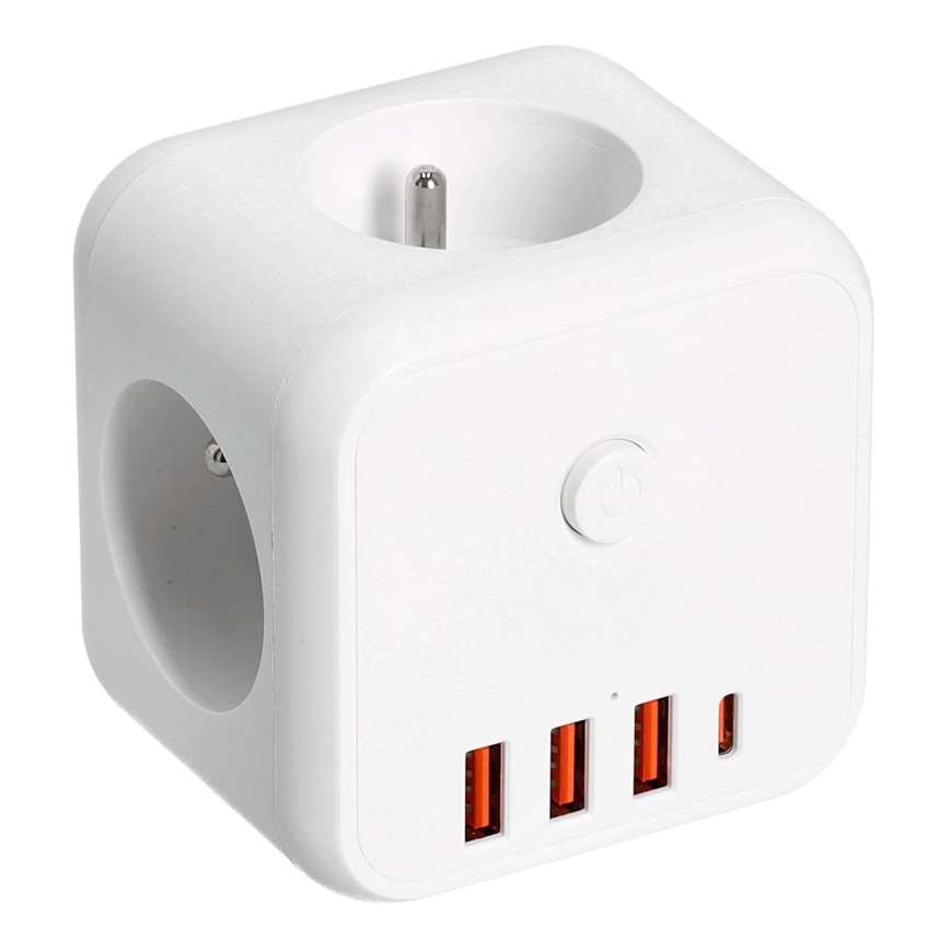Kištukinio lizdo skirstytuvas su jungikliu LINEA 3x230V + 4xUSB A/C balta