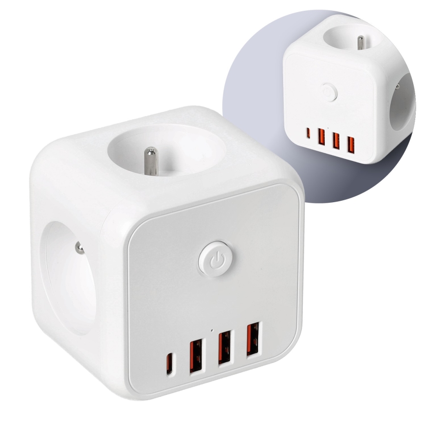 Kištukinio lizdo skirstytuvas su jungikliu LINEA 3x230V + 4xUSB A/C balta