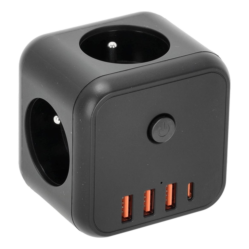 Kištukinio lizdo skirstytuvas su jungikliu LINEA 3x230V + 4xUSB A/C juoda