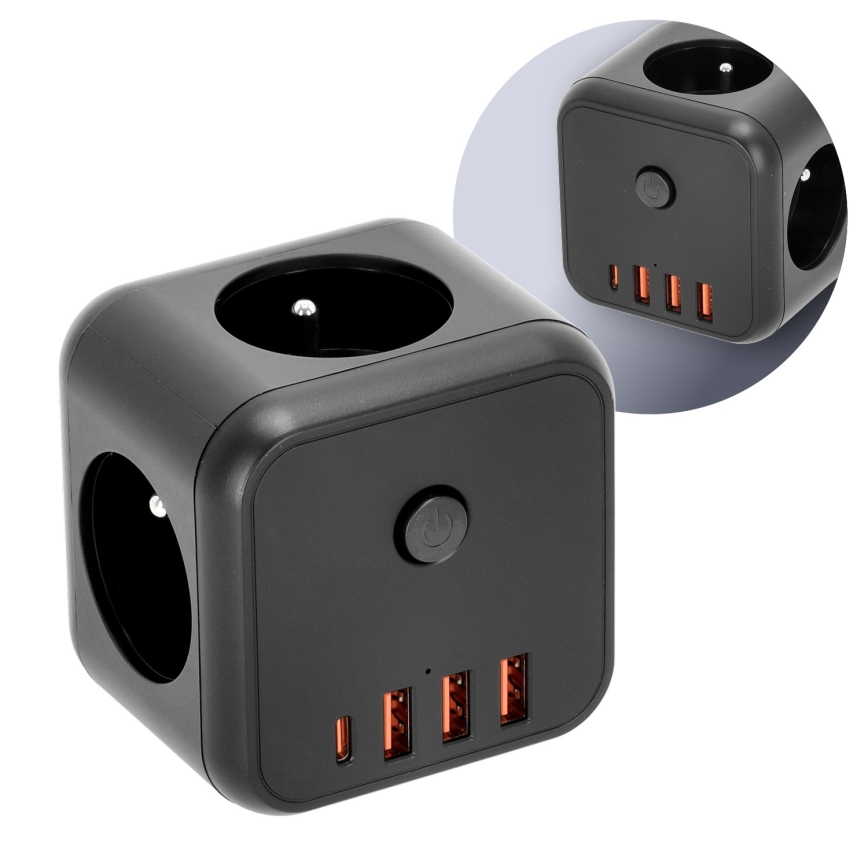 Kištukinio lizdo skirstytuvas su jungikliu LINEA 3x230V + 4xUSB A/C juoda