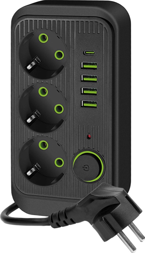 Kištukinio lizdo skirstytuvas su jungikliu LINEA 3x230V + 5xUSB A/C SCHUKO 3 m juoda