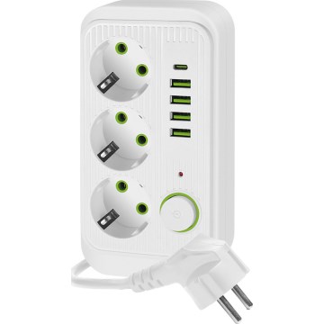 Kištukinio lizdo skirstytuvas su jungikliu LINEA 3x230V + 5xUSB A/C SCHUKO 5 m balta