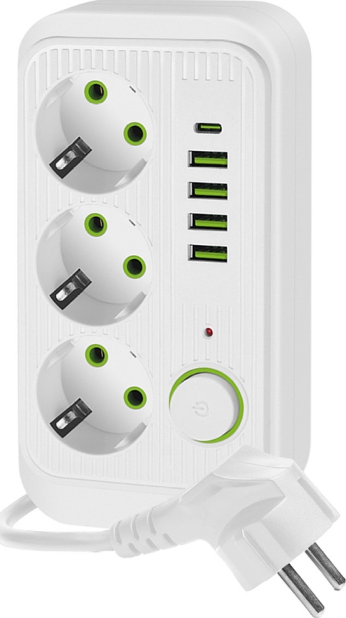 Kištukinio lizdo skirstytuvas su jungikliu LINEA 3x230V + 5xUSB A/C SCHUKO 5 m balta