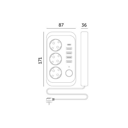 Kištukinio lizdo skirstytuvas su jungikliu LINEA 3x230V + 5xUSB A/C SCHUKO 5 m balta